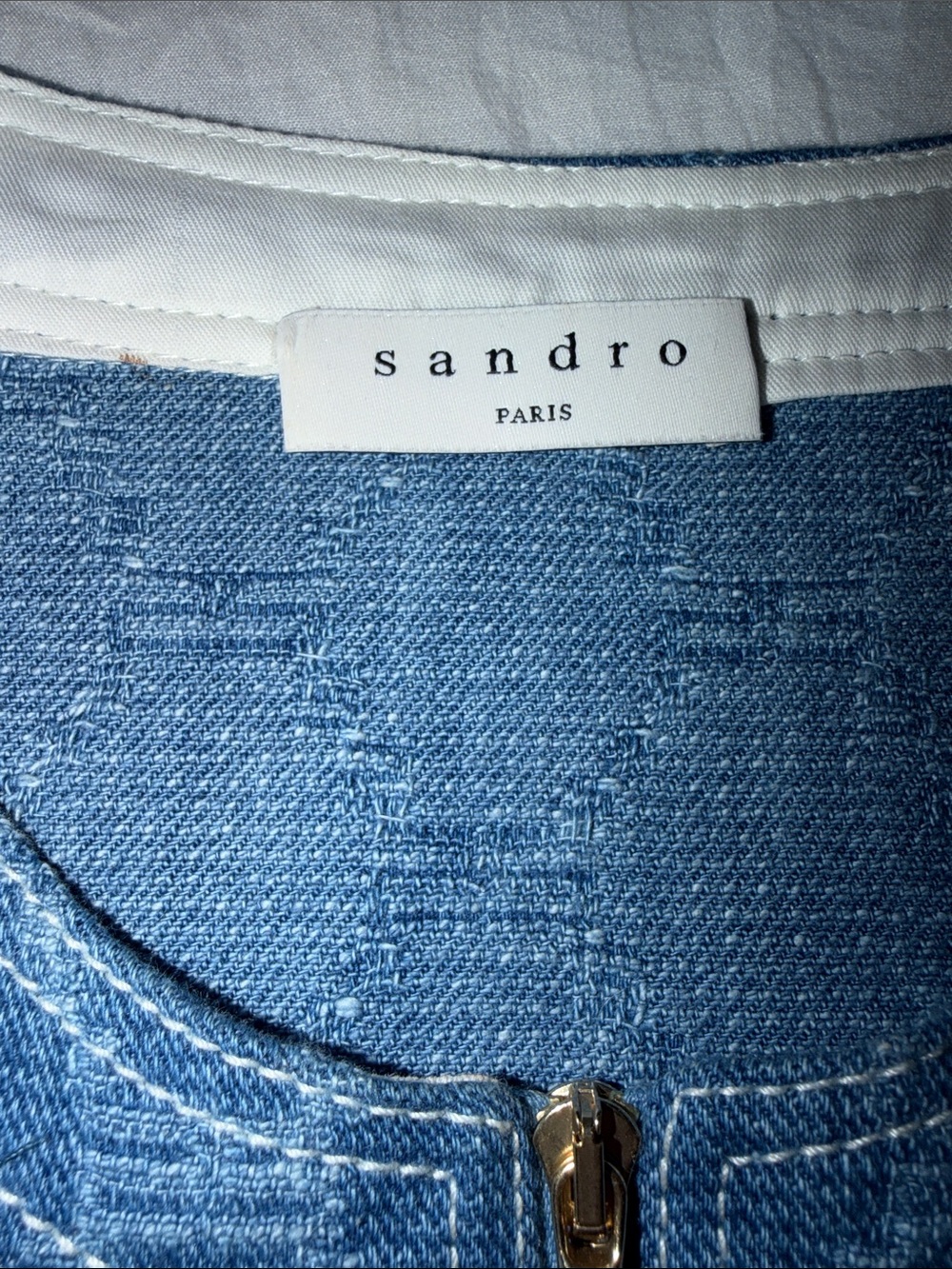 Sandro Kayle Medallion Jacquard Ruffle Hem Denim Dress NWOT - Picture 2 of 4
